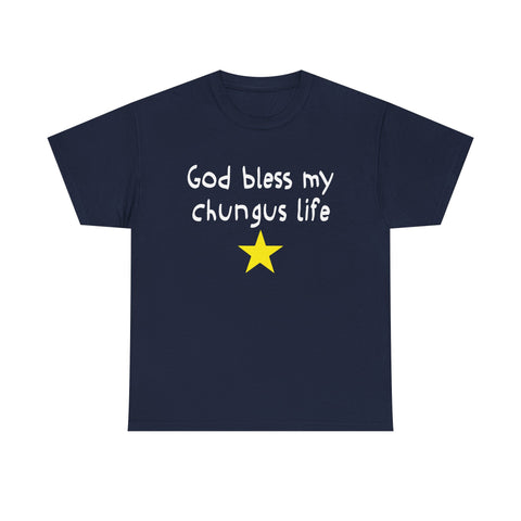 Navy blue t-shirt with white text and yellow star on a white background
