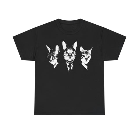 Black t-shirt printed with three cat heads wearing suits and neckties in high-contrast black and white.