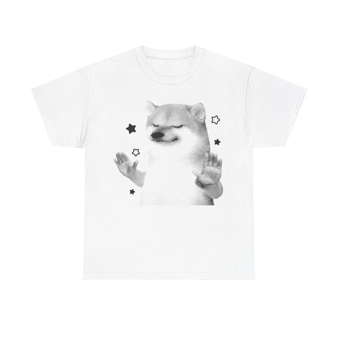 White t-shirt printed with a black and white photo of a shiba inu holding up two hands in a stop gesture, with stars.
