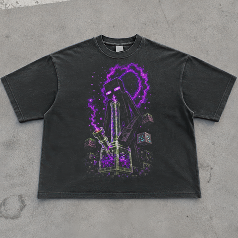 Washed black t-shirt printed with a tall black blocky figure with purple eyes, purple smoke and a glass bong.