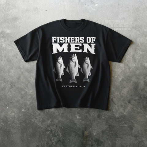 Black t-shirt printed with the text Fishers of Men, three white fish and the reference Matthew 4:18-19.