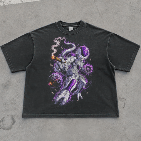 Washed black t-shirt printed with a white and purple armored alien holding a lit blunt among glowing energy orbs.
