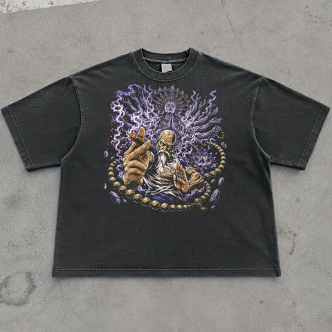 Washed black t-shirt printed with a bald bearded man meditating with a blunt, prayer beads and a purple deity behind him.