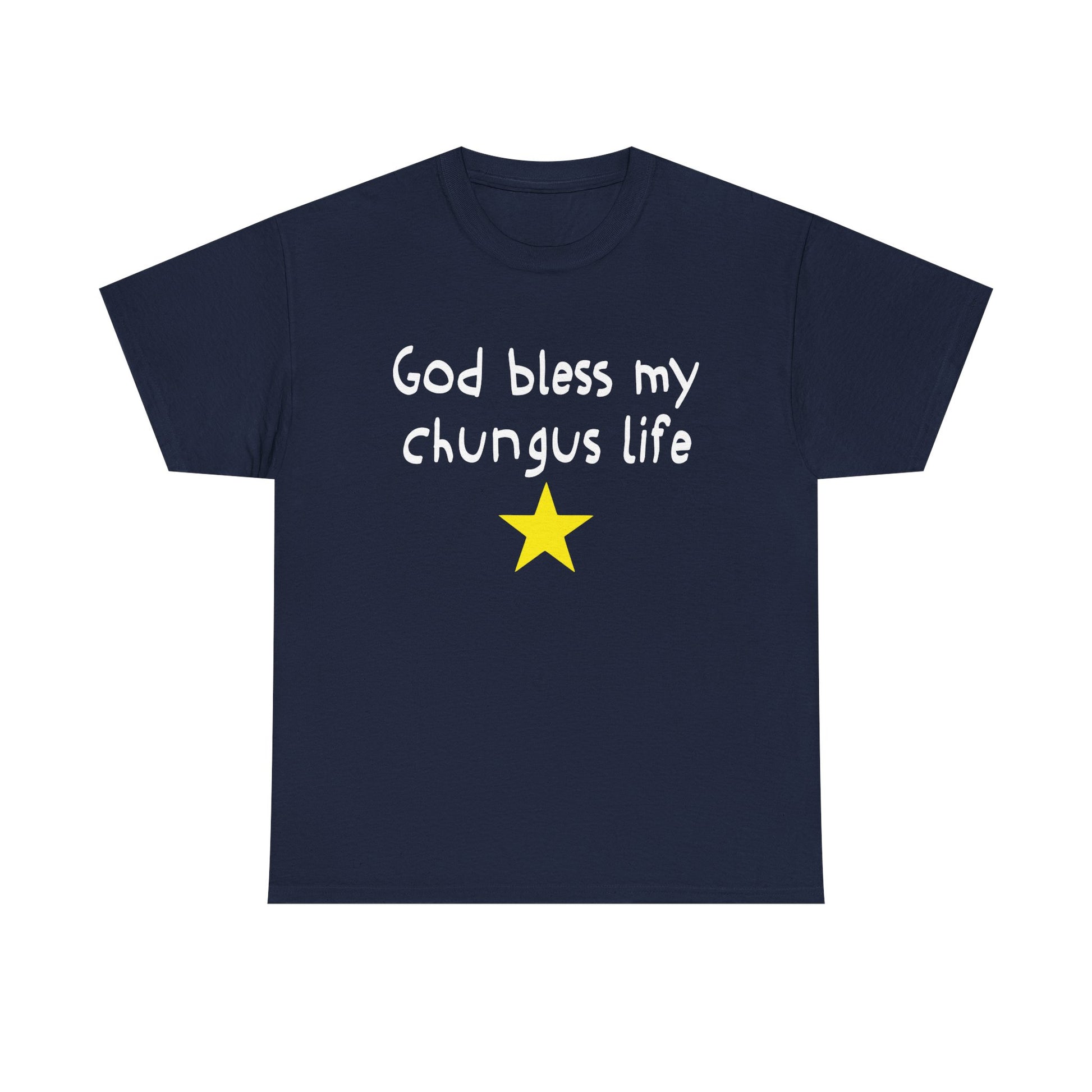Navy blue t-shirt with white text and yellow star on a white background