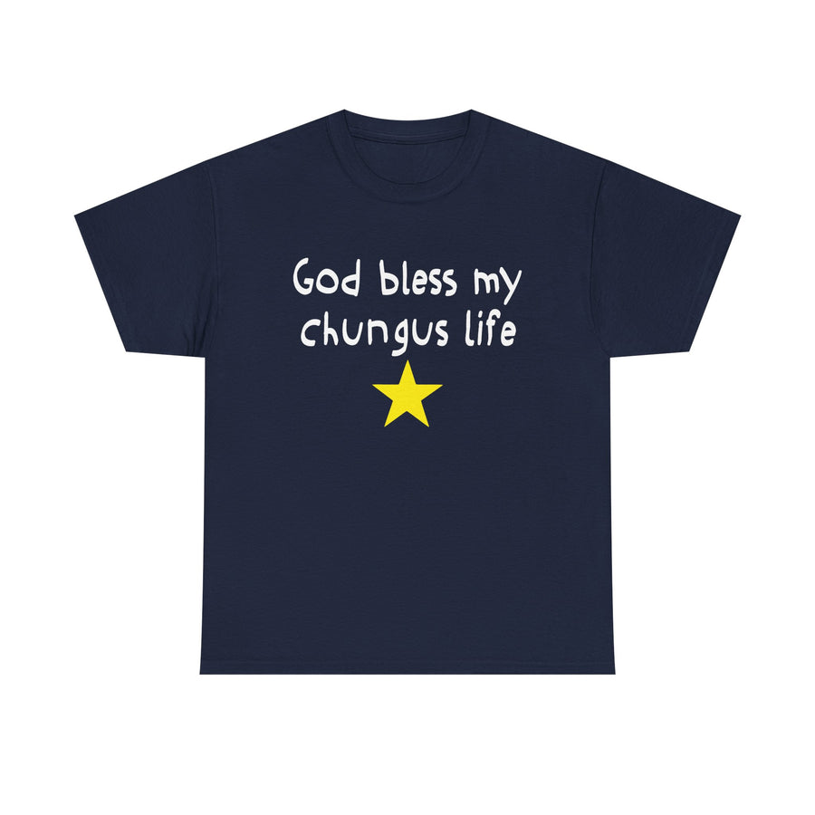 Navy blue t-shirt with white text and yellow star on a white background