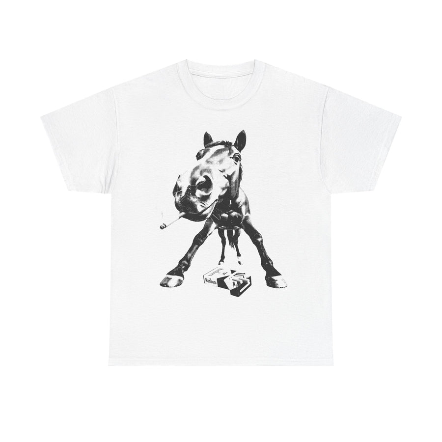 White t-shirt printed with a low-angle monochrome horse leaning into frame, cigarette on its lip and a pack underfoot.