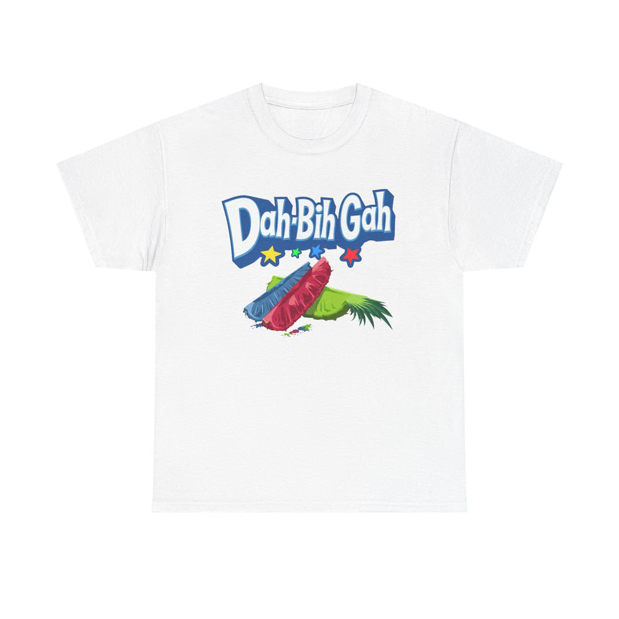 White t-shirt printed with Dah Bih Gah in blue bubble letters above four stars and blue, red and green citrus wedges.