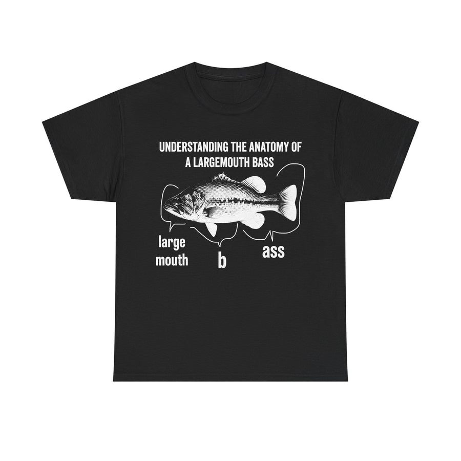 Black t-shirt printed with a white engraved largemouth bass bracketed into the labels large, mouth, b and ass.