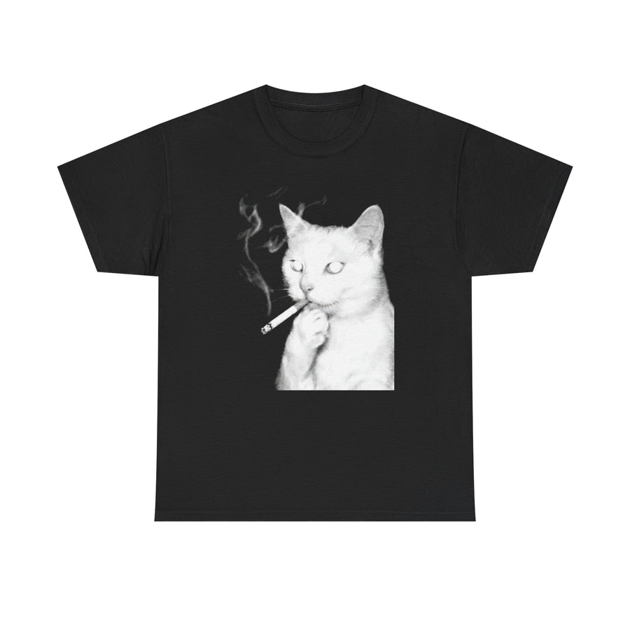 Black t-shirt printed with a photo of a white cat raising one paw to a lit cigarette, smoke curling upward.