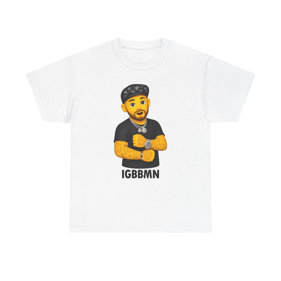 White t-shirt printed with a cartoon man in a black cap and tee, arms crossed over rose-tattooed yellow arms, above IGBBMN.