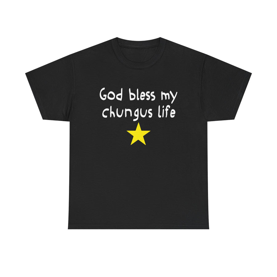 Black t-shirt with text 'God bless my chungus life' and a yellow star on a white background