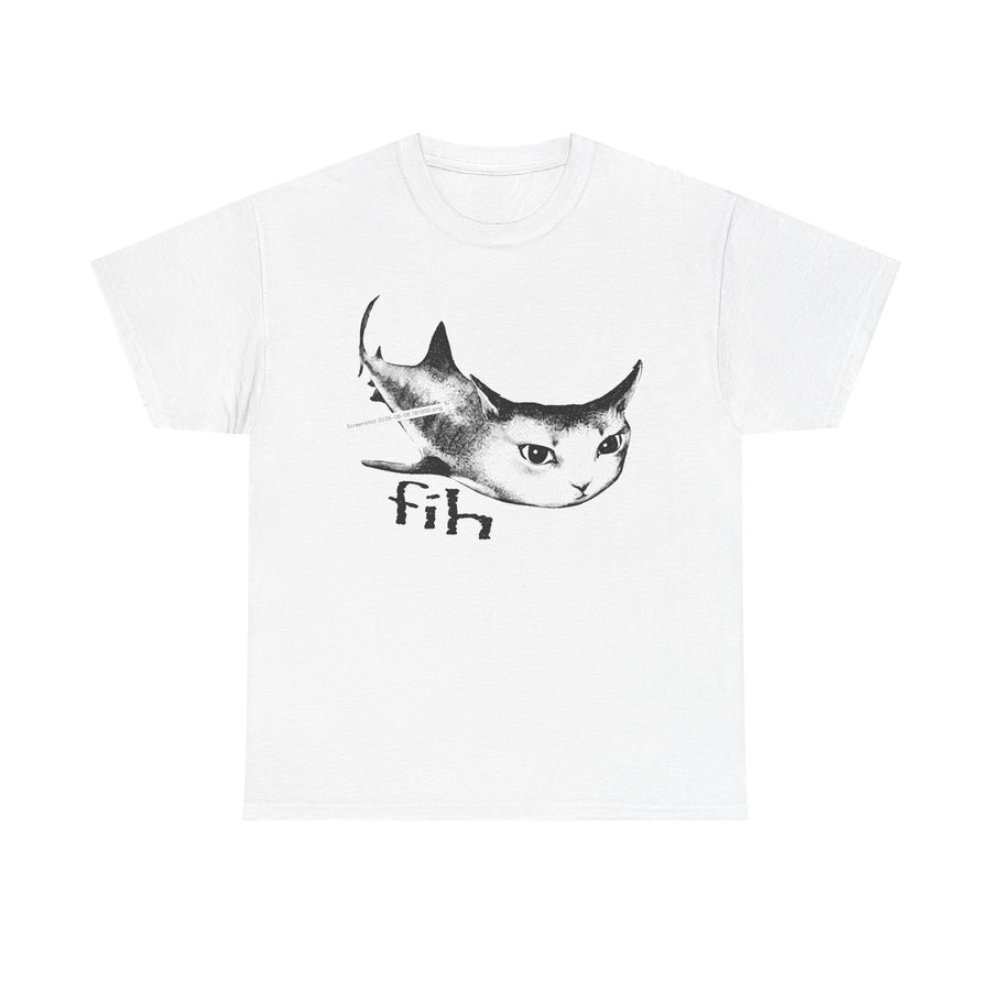 White t-shirt printed with a shark's body carrying a cat's face and the word fih below it.