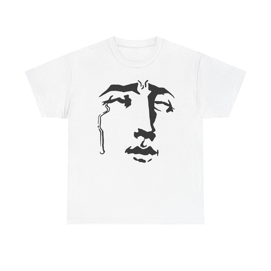White t-shirt printed with a bold black line drawing of a crying face with a tear running down one cheek.