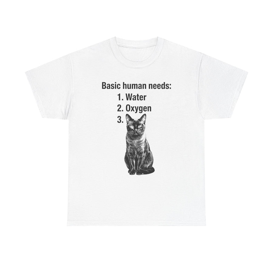 White t-shirt printed with the list Basic human needs: 1. Water 2. Oxygen 3. above a photo of a black cat.