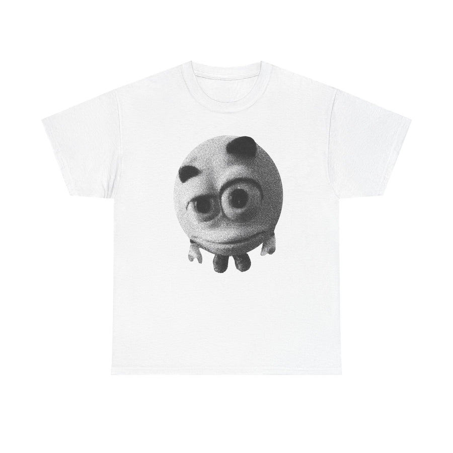 White t-shirt printed with a grayscale cartoon ball creature with both eyes glancing sideways and four stubby limbs.