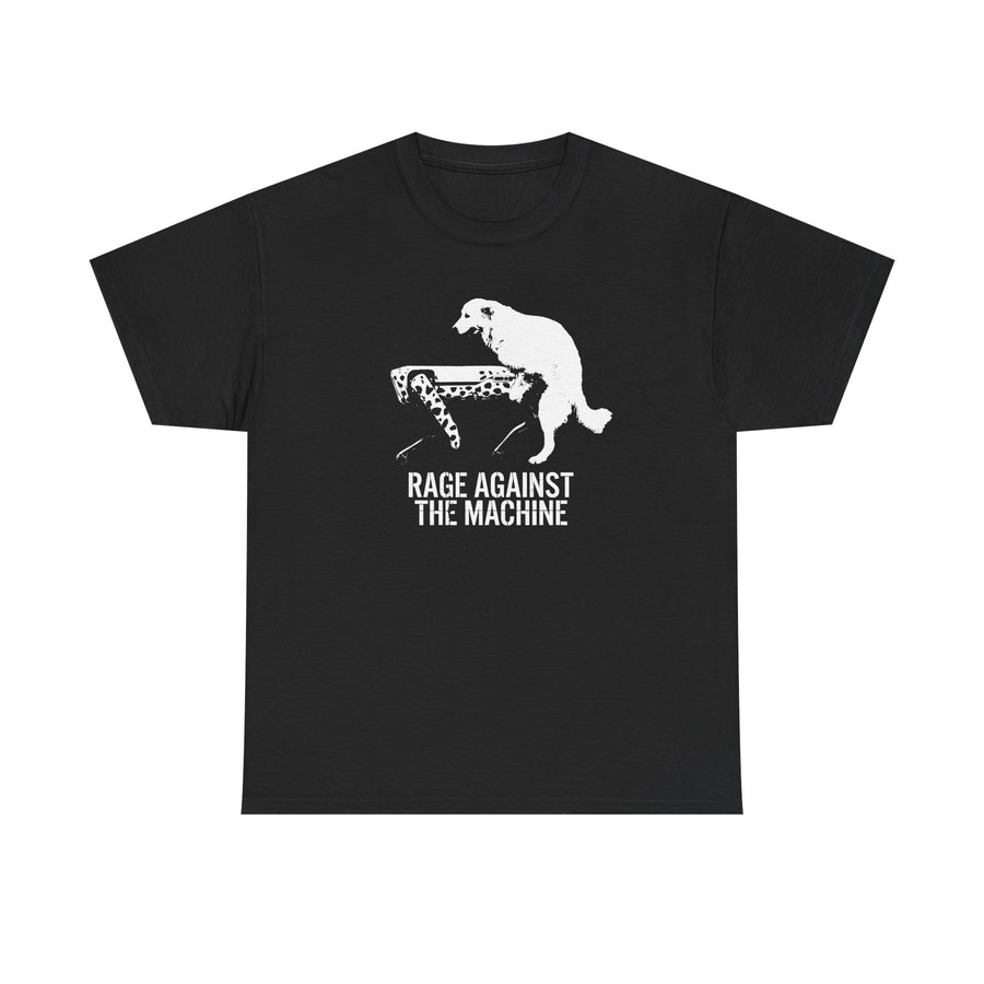 Black t-shirt printed with a white silhouette of a shaggy dog squatting on a push lawnmower above bold block lettering.