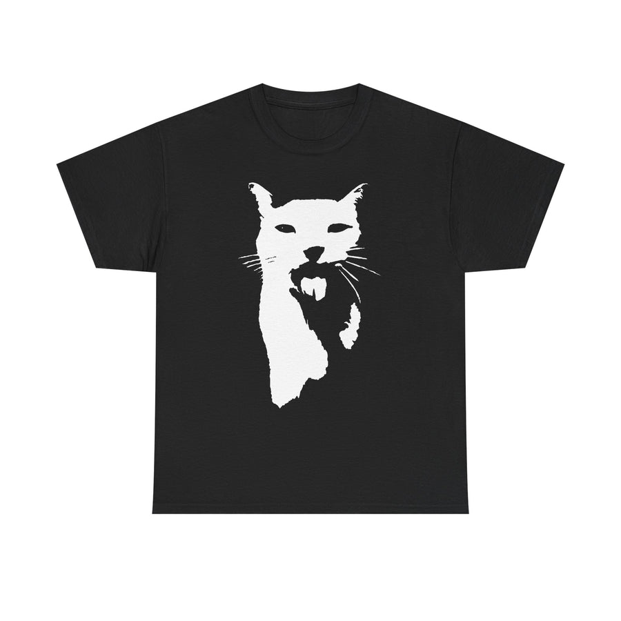 Black t-shirt printed with a white stencil of a cat with its mouth open and tongue out.