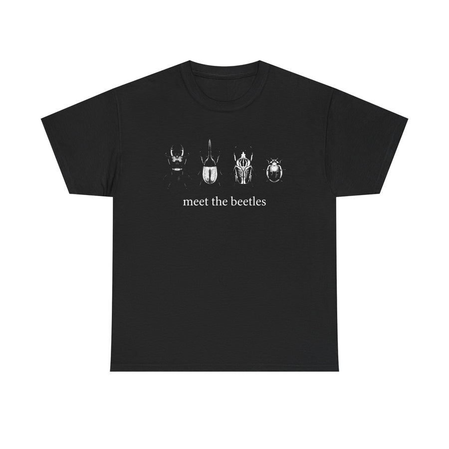 Black t-shirt printed with four white beetle illustrations in a row above the text meet the beetles.