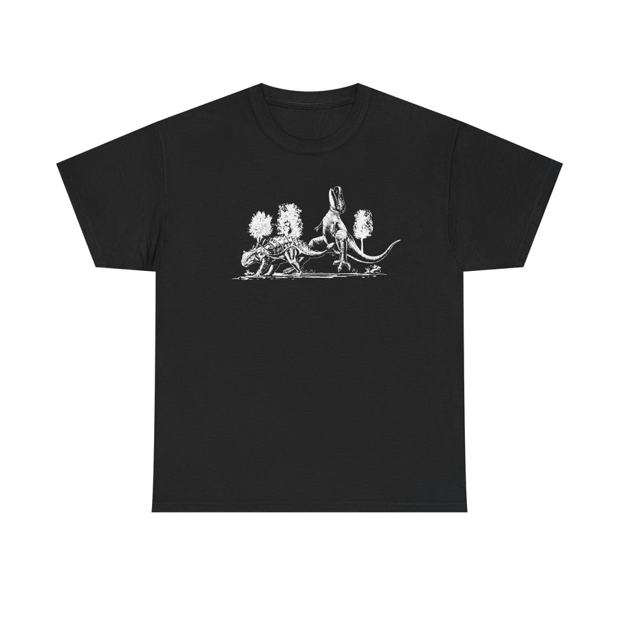 Black t-shirt printed with a white engraving-style drawing of two dinosaurs among trees, one kicking the other.