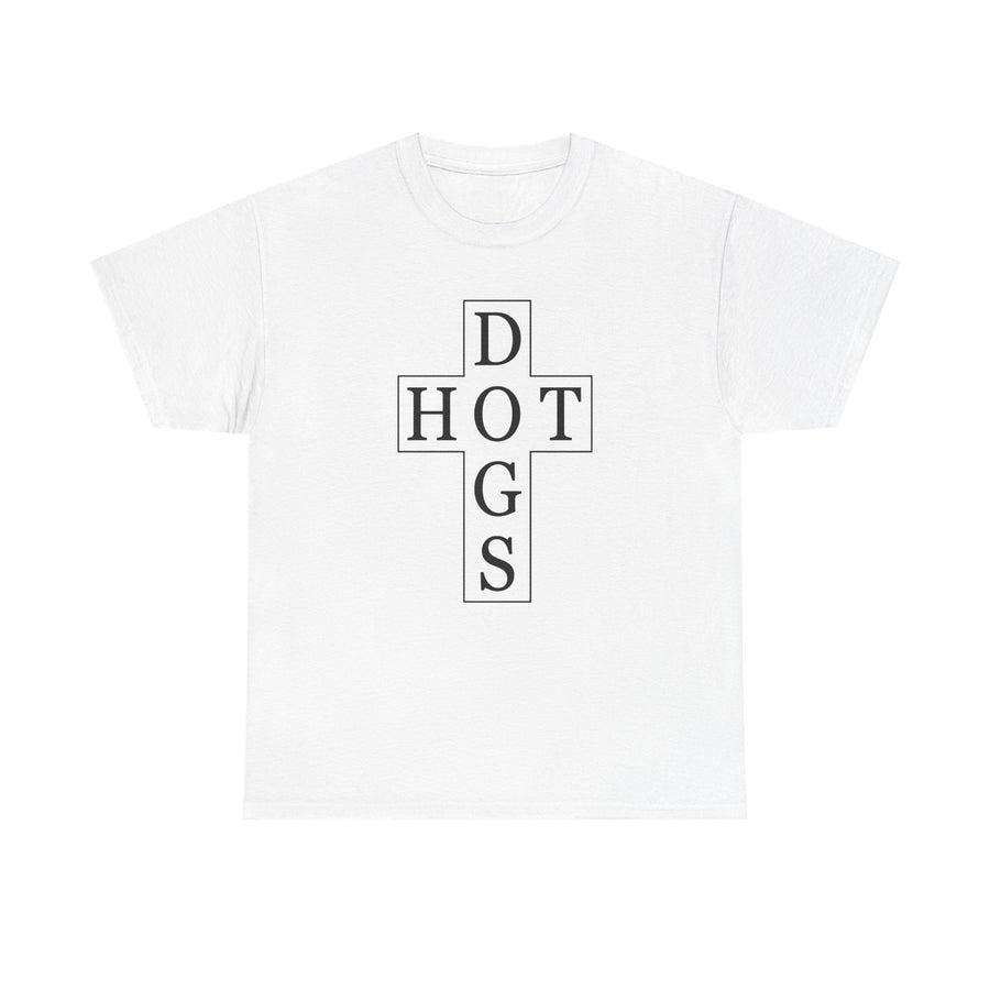 White t-shirt printed with a cross made of outlined letter boxes spelling HOT across and DOGS down.