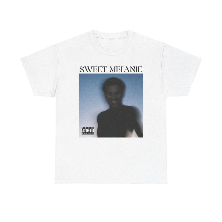 White t-shirt printed with SWEET MELANIE above a blurred blue-toned portrait and a parental advisory sticker.