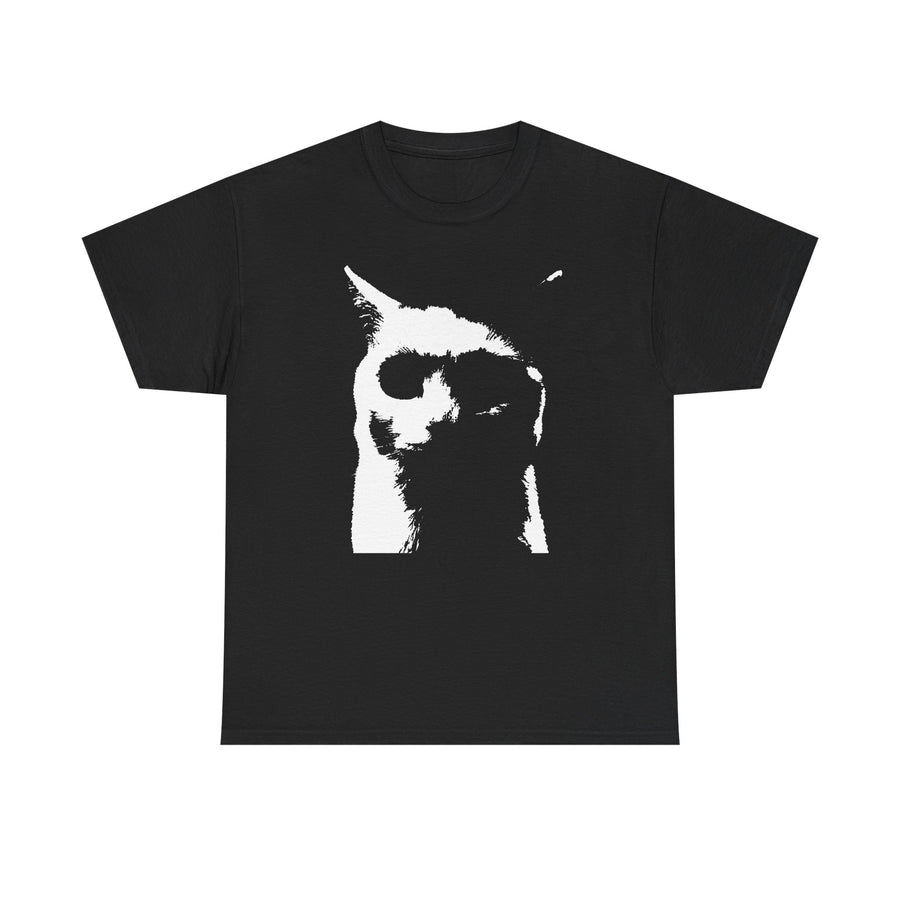 Black t-shirt with a stark white high-contrast cat, one dark eye and a single upright ear, filling the chest.