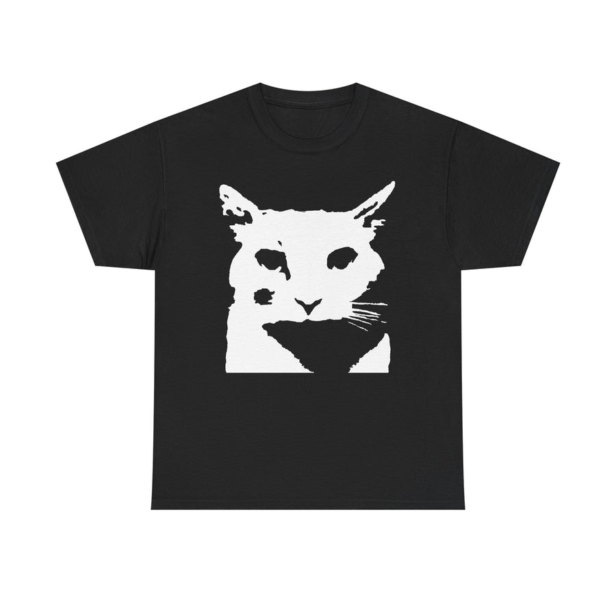 Black t-shirt printed with a large white stencil of a cat's head with pointed ears, hollow eyes and thin whisker lines.