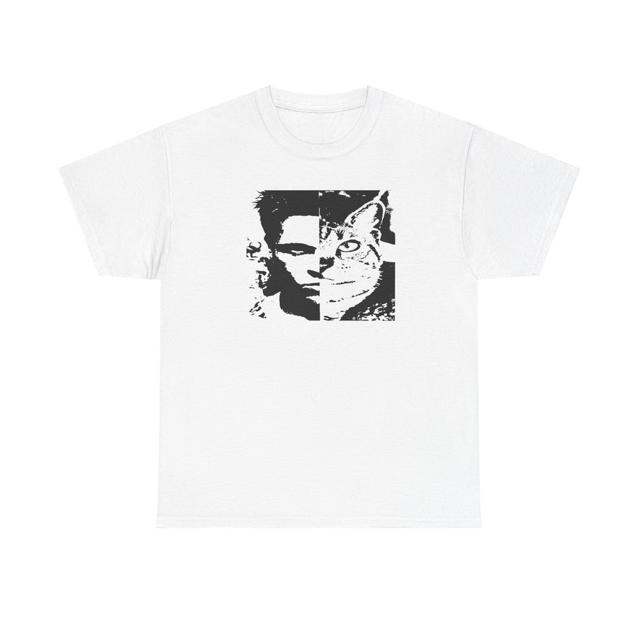 White t-shirt printed with a square black-and-white image split between a man's face and a tabby cat's face.