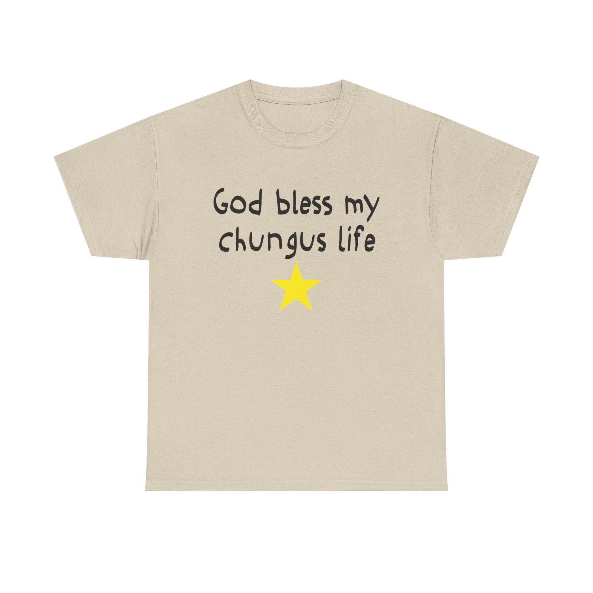 Sand beige t-shirt with text 'God bless my chungus life' and a yellow star on a white background