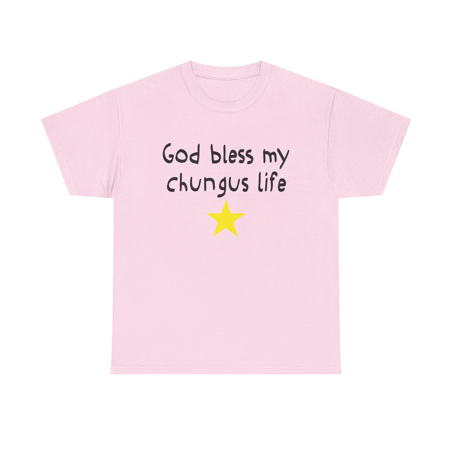 Pink t-shirt with text 'God bless my chungus life' and a yellow star on a white background