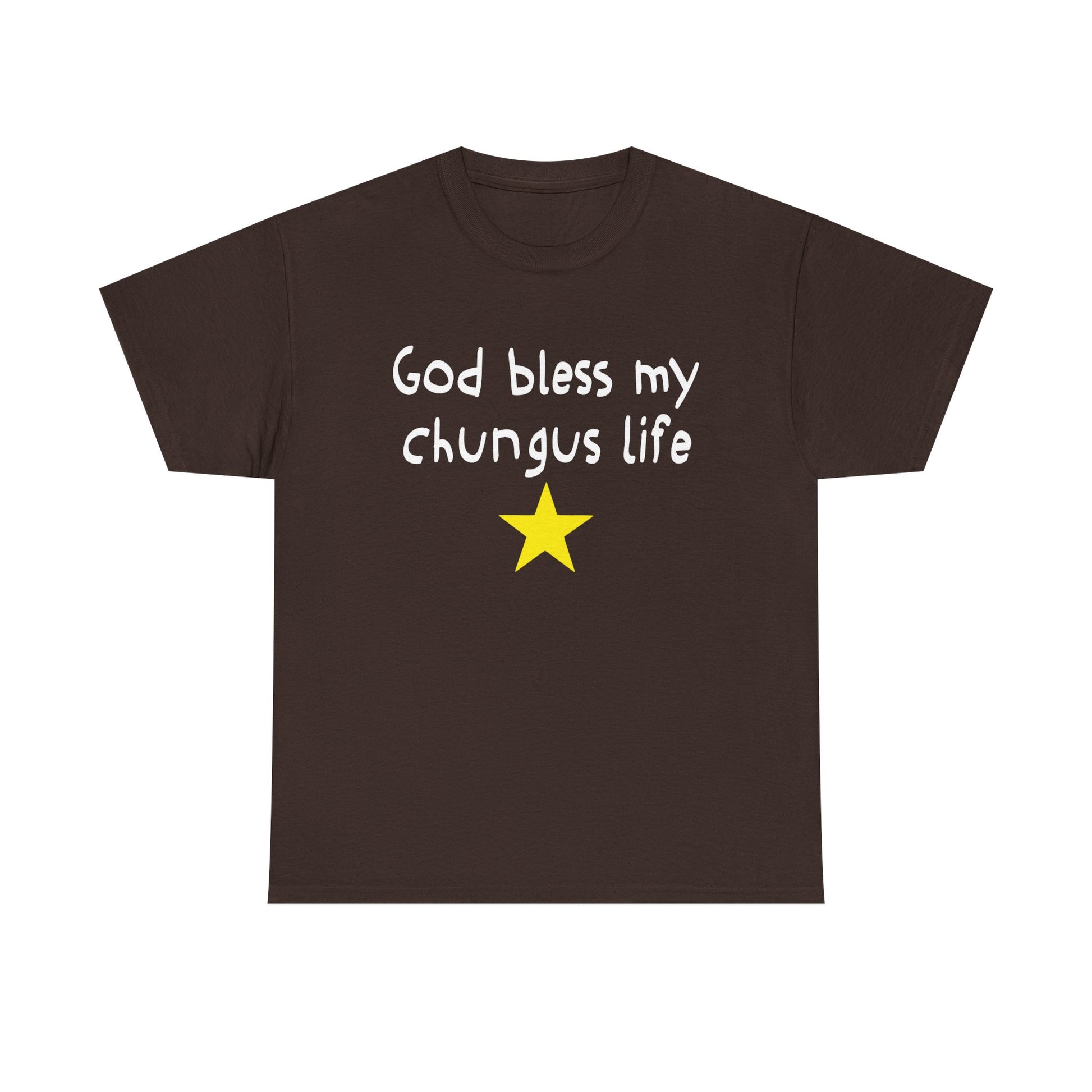 Brown t-shirt with 'God bless my chungus life' text and yellow star on a white background