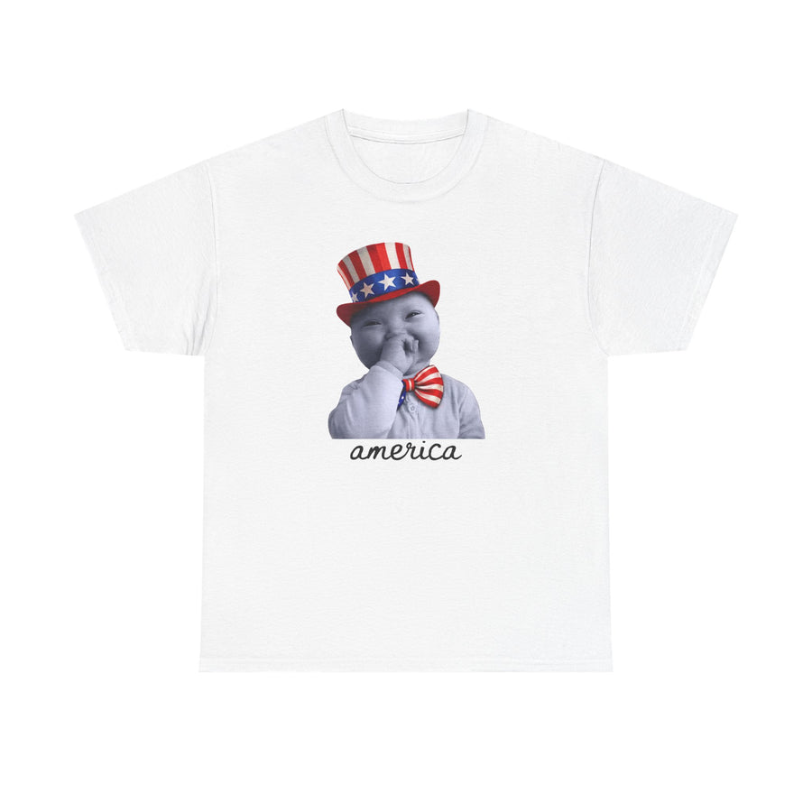 White t-shirt printed with a greyscale baby in a stars-and-stripes top hat and striped bow tie above the word america.