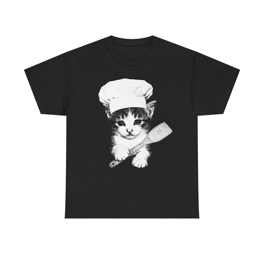 Black t-shirt printed with a black and white kitten wearing a chef's hat and holding a spatula.