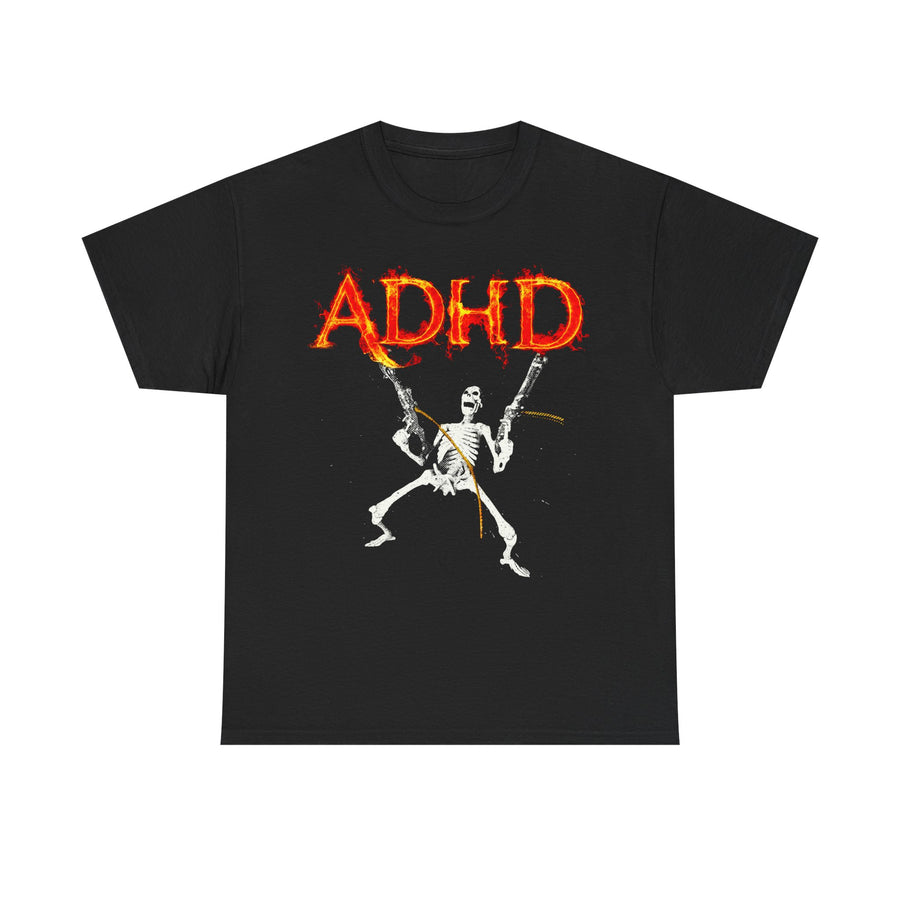 Black t-shirt printed with a skeleton holding two pistols under flaming red and orange ADHD lettering.