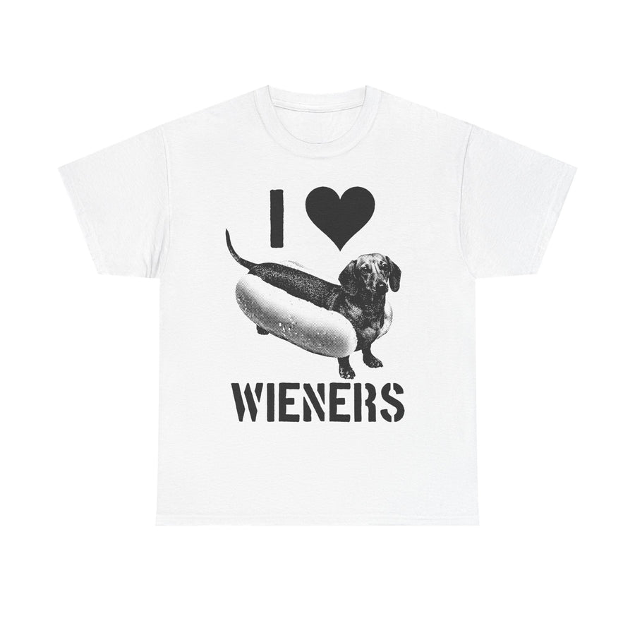 White t-shirt printed with I heart Wieners and a dachshund sitting inside a hot dog bun.