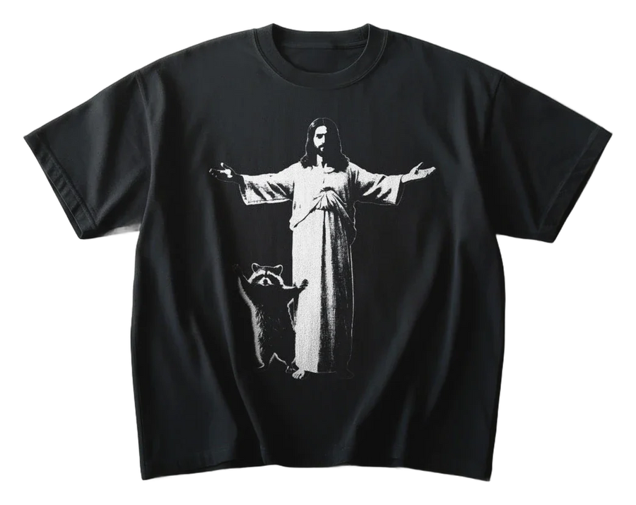 Jesus and Raccoon T-shirt (front)