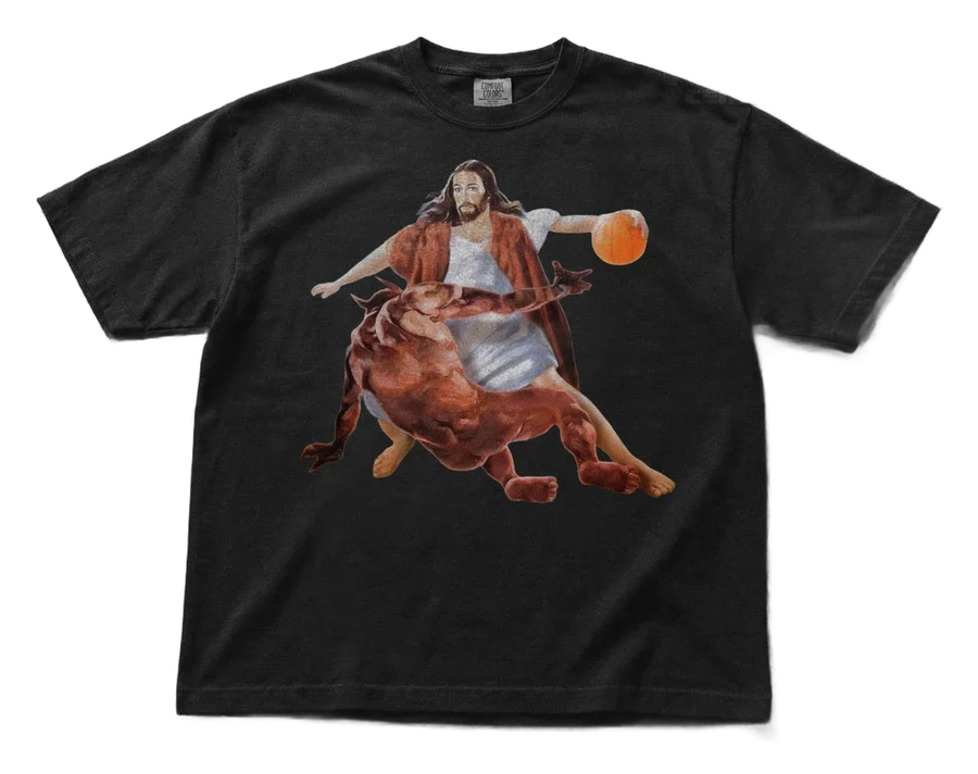 Jesus Crossing Up Satan Basketball Tshirt (front)